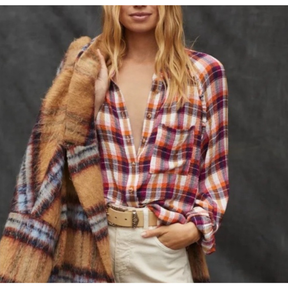Pilcro Anthropologie Breezy Plaid Checker Loose Fit Button Up Size Large Western